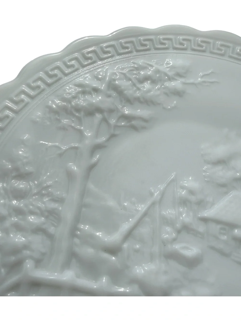 Vintage Milk Glass Scenic Cottage Relief Serving Platter Greek Key Oval Plate